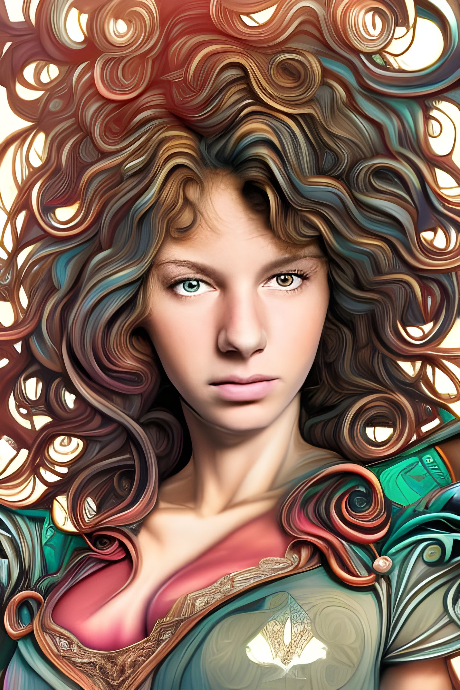 Curly Brunette Portrait with Black Roses in Art Nouveau Styl...