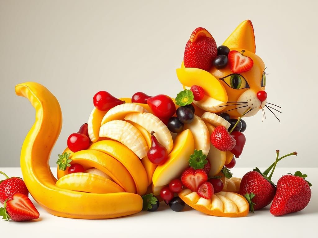 Fruitful Feline Sculpture in Whimsical Digital Art