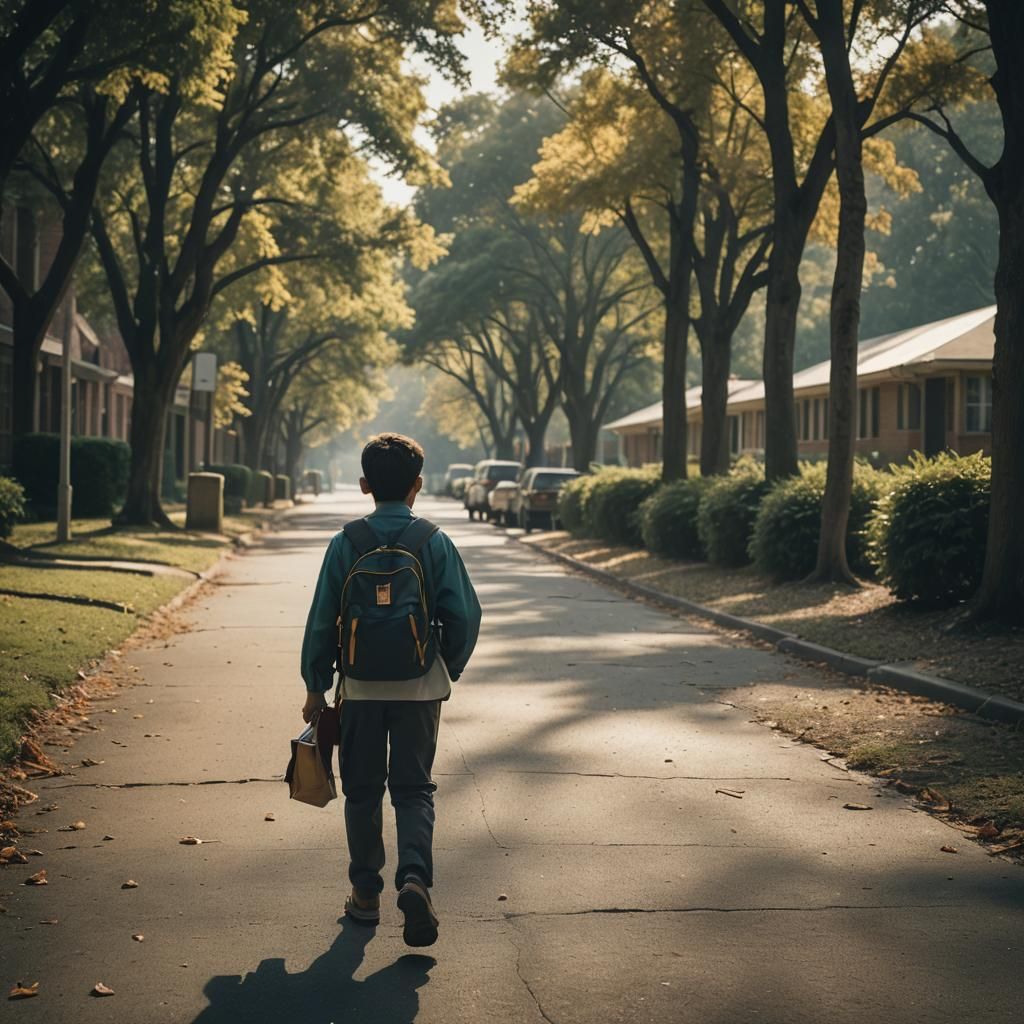 School Kid Walks to School: Cinematic Film Still