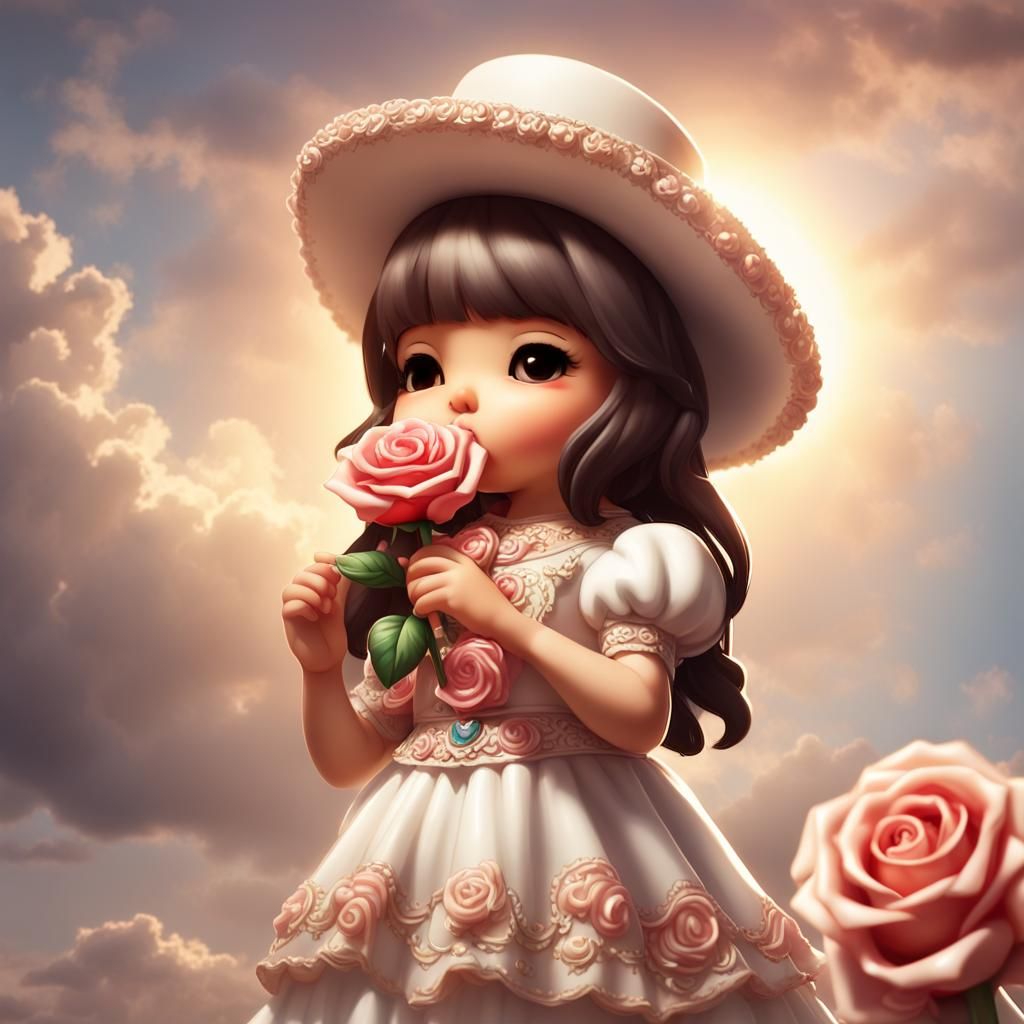 Chibi Mariachi Girl Smelling a Rose in Sunshine
