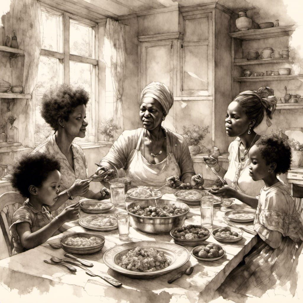 Black Family Sunday Dinner in Sketch Style