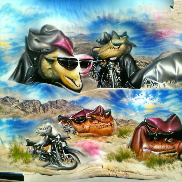Dinosaurs on Motorcycles in Nevada Desert Airbrush Art