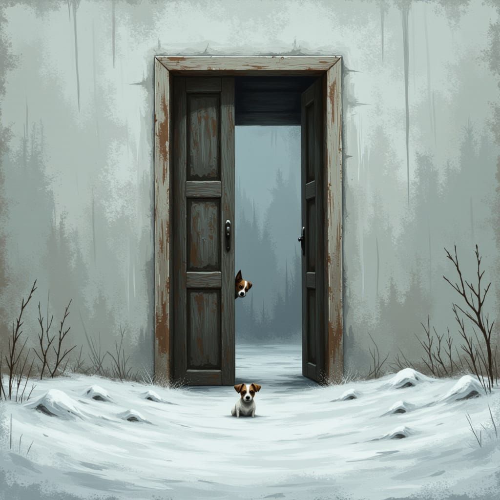 Surprised Terrier Peers Through Ominous Snowy Door