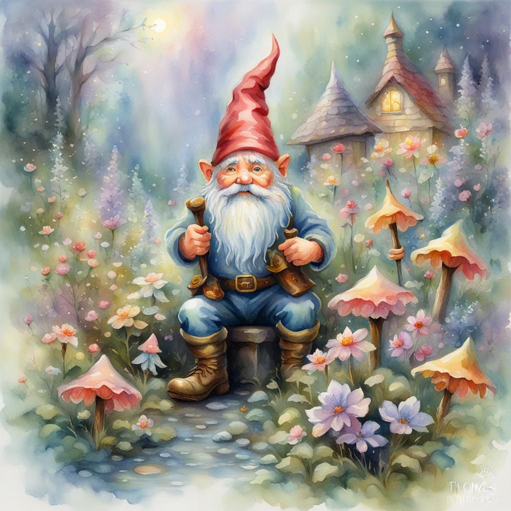 Gnomes and Flowers in Watercolor Pastel Colors