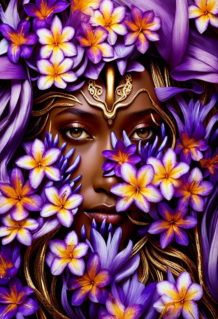 African Woman and Golden Dragon in Lilies, Digital Art