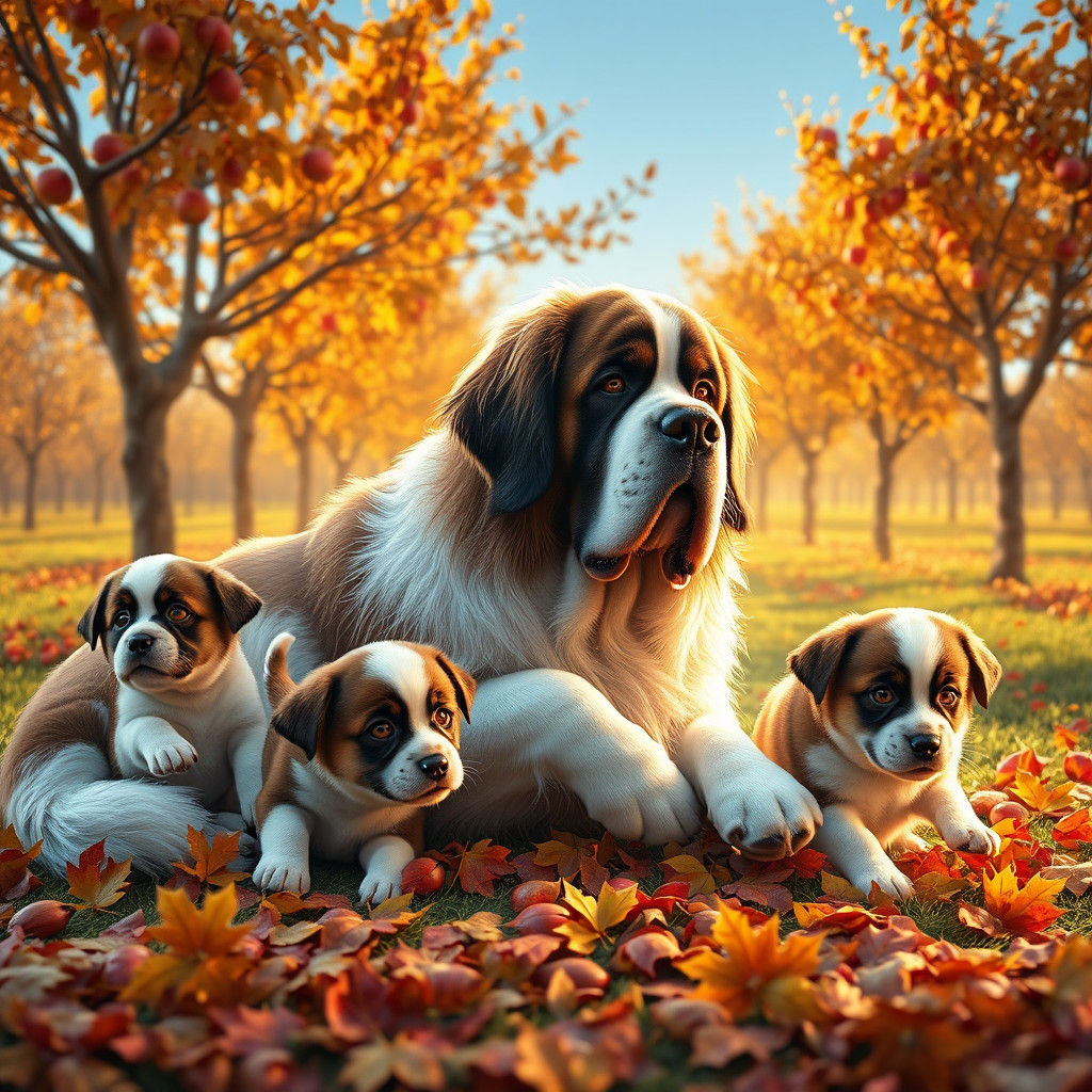 Saint Bernard Family Frolic in Autumn Leaves