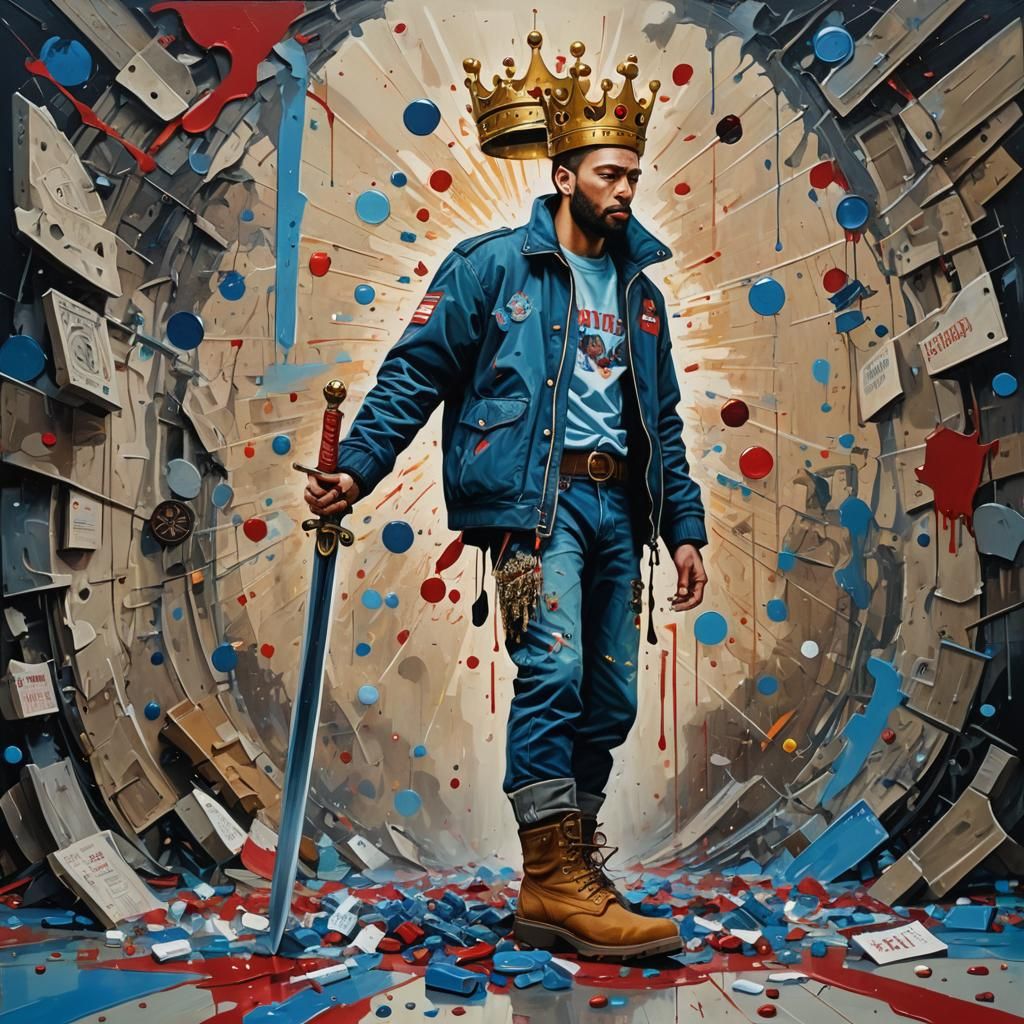 Man with Sword and Crown in Distorted Painting