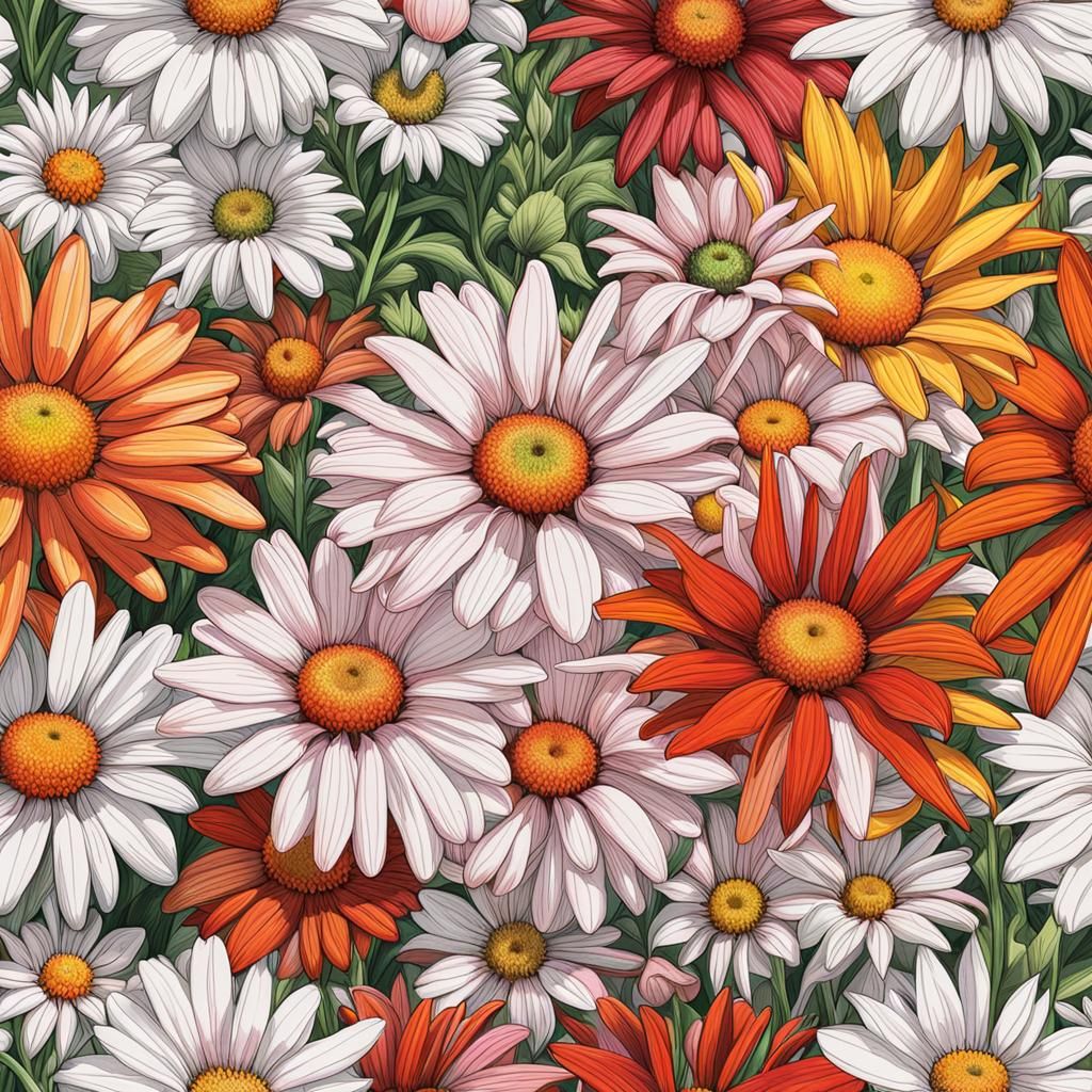 Detailed Ink Drawing of Iridescent Livingston Daisies