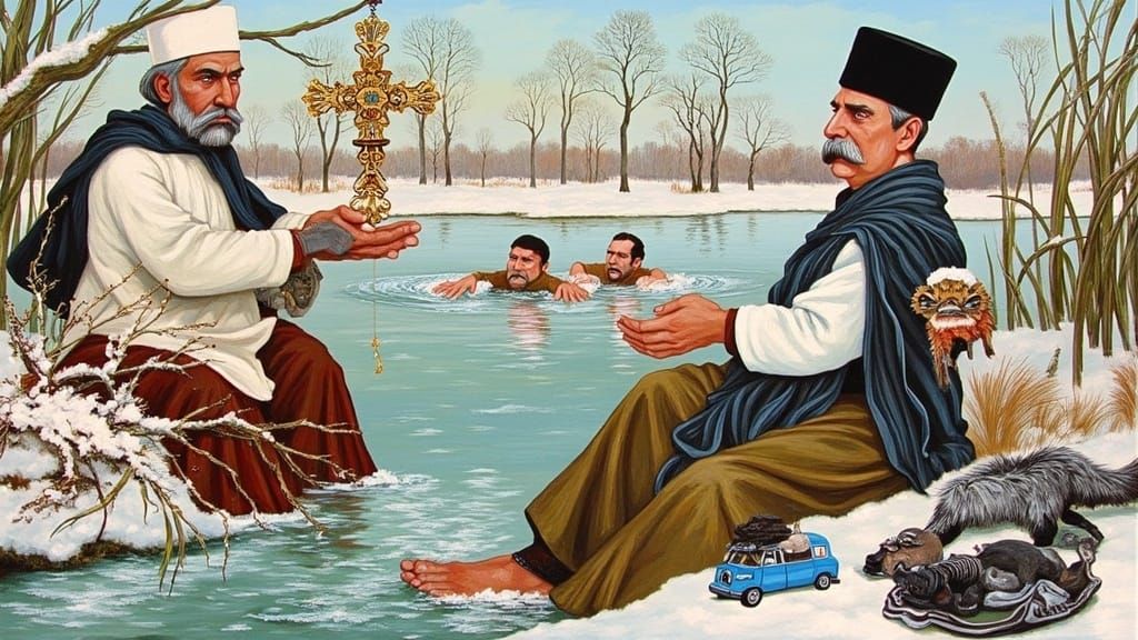 Orthodox Priests in Frozen River Ceremony