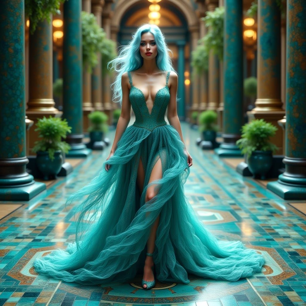 Statuesque Woman With Flowing Blue Hair in Peacock Gown