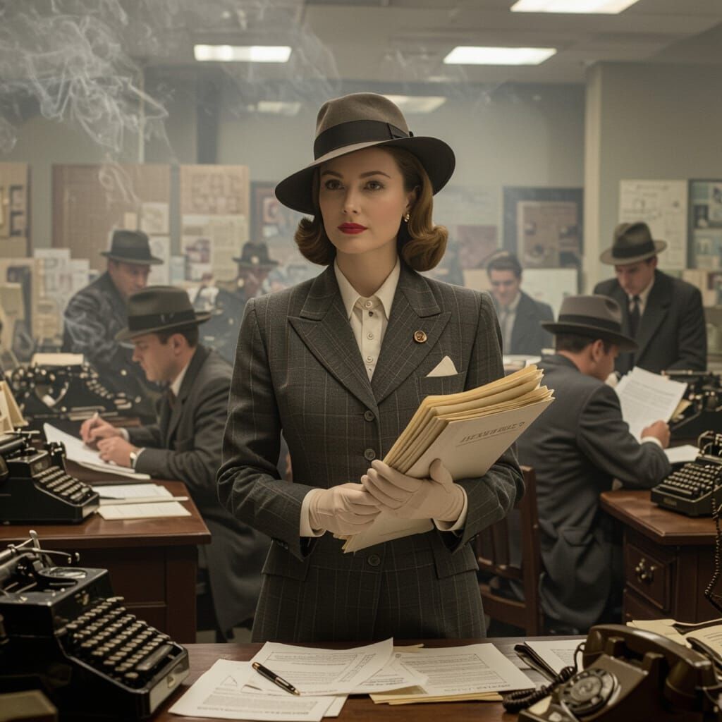 Woman Journalist in 1940s Newsroom, Film Noir Style