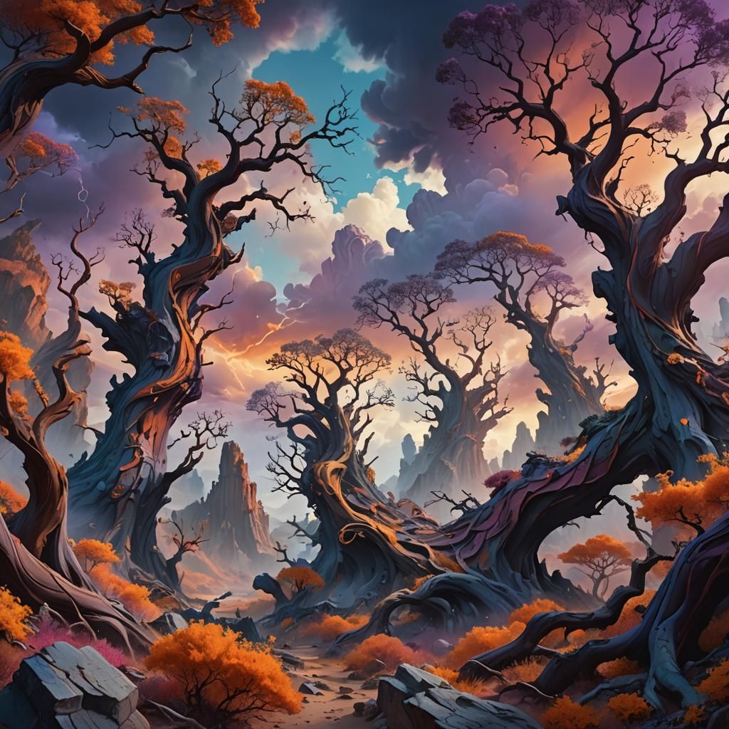 Chaotic Surreal Landscape with Ethereal Clouds