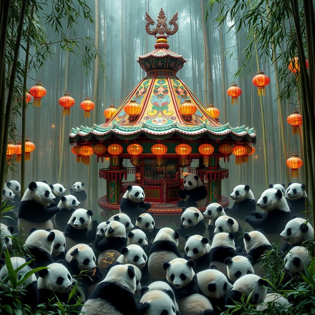 Lush Panda Party in Misty Bamboo Forest