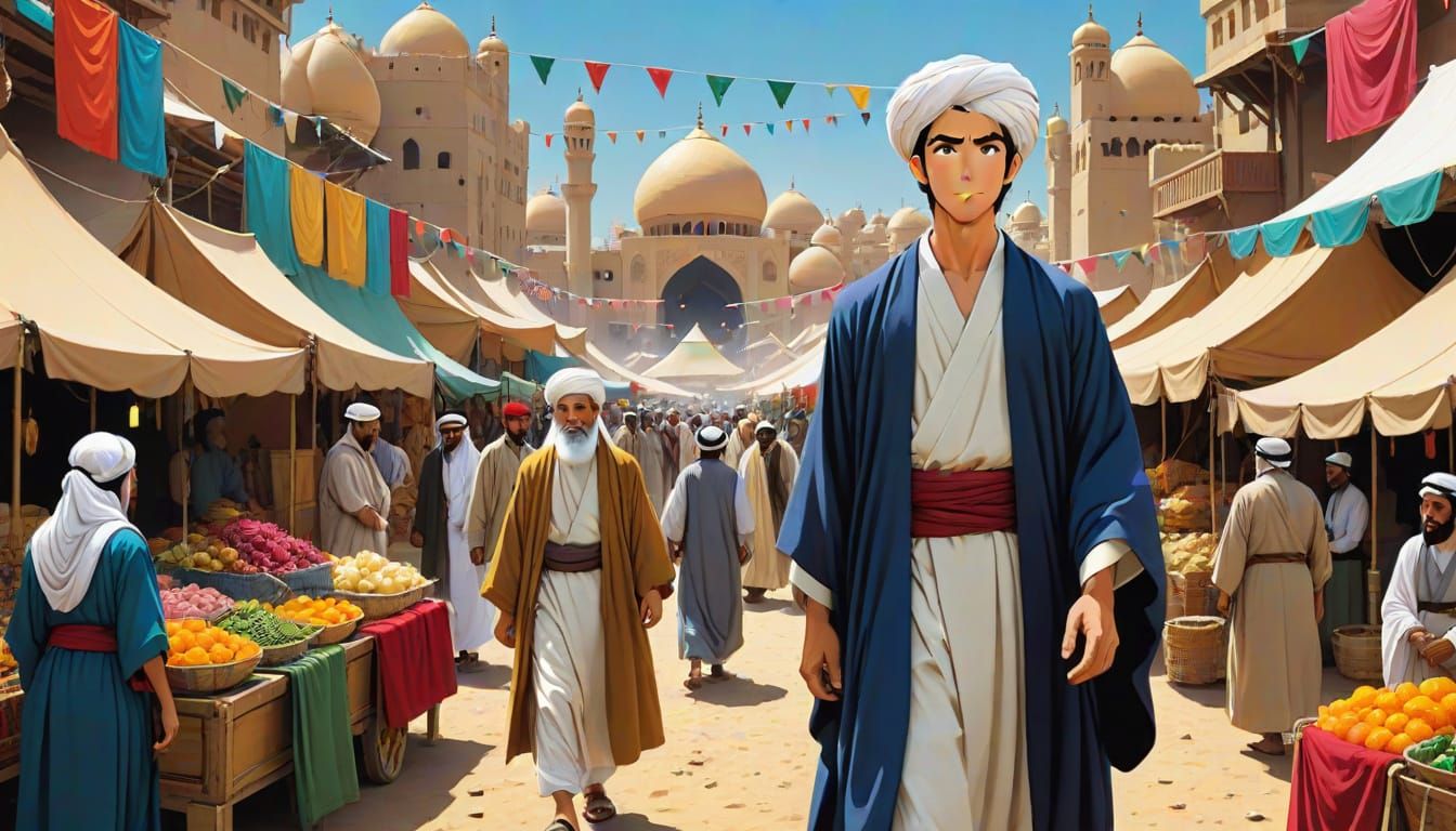 Imposing Anime Figure in Vibrant Middle Eastern Market Scene