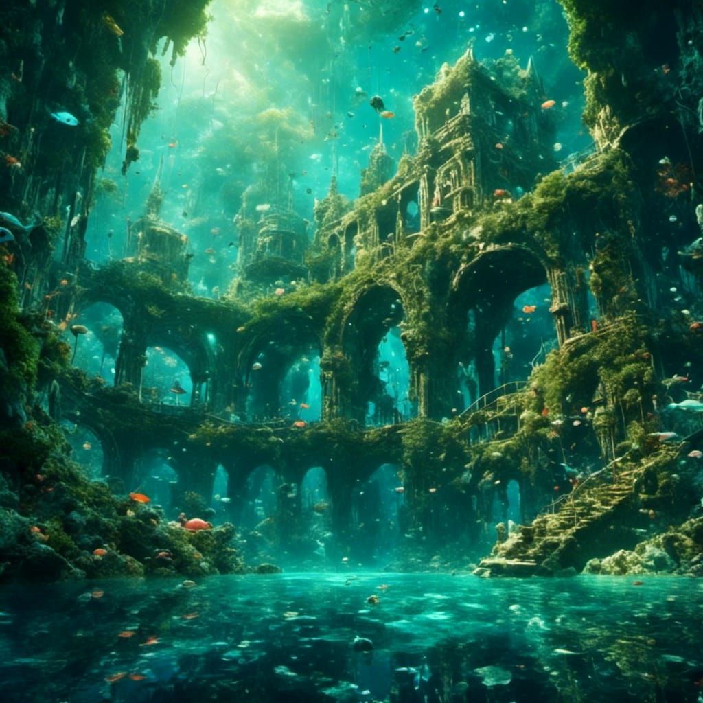 Underwater Atlantis Ruins in Miyazaki Style
