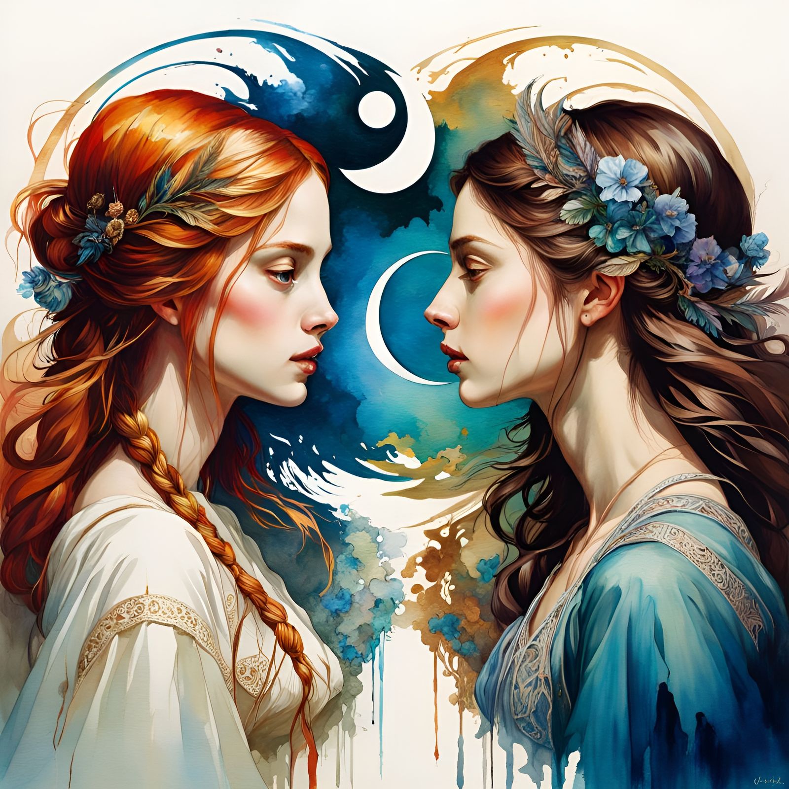 Yin and Yang in Watercolor Renaissance Style