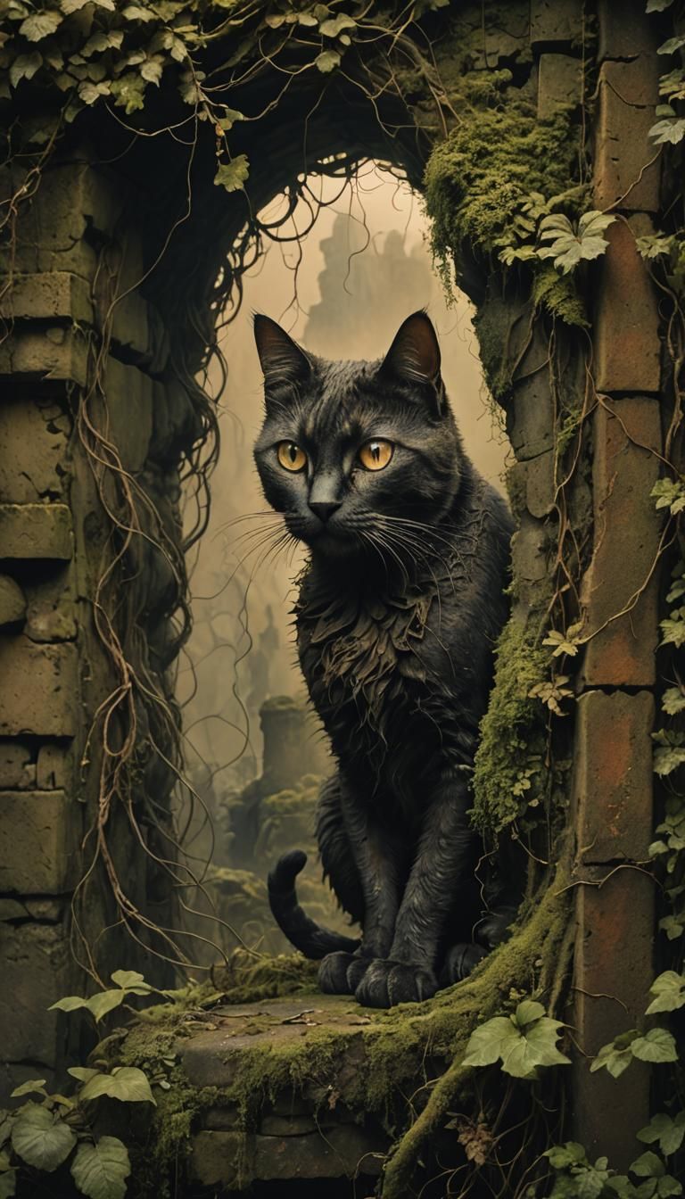 Eerie Cat on Ancient Wall, in Dark Surrealism Style