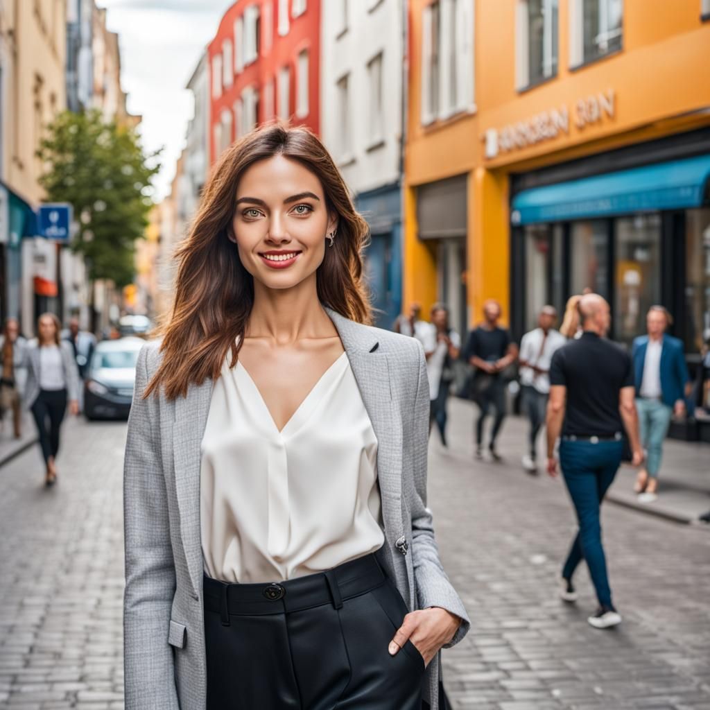 Stylish Young Woman Walking on Sunny City Street