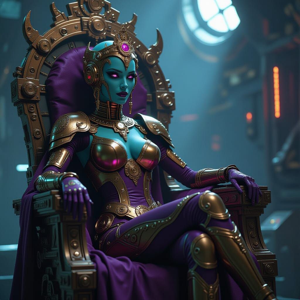 Steampunk Alien Queen on Salvaged Throne