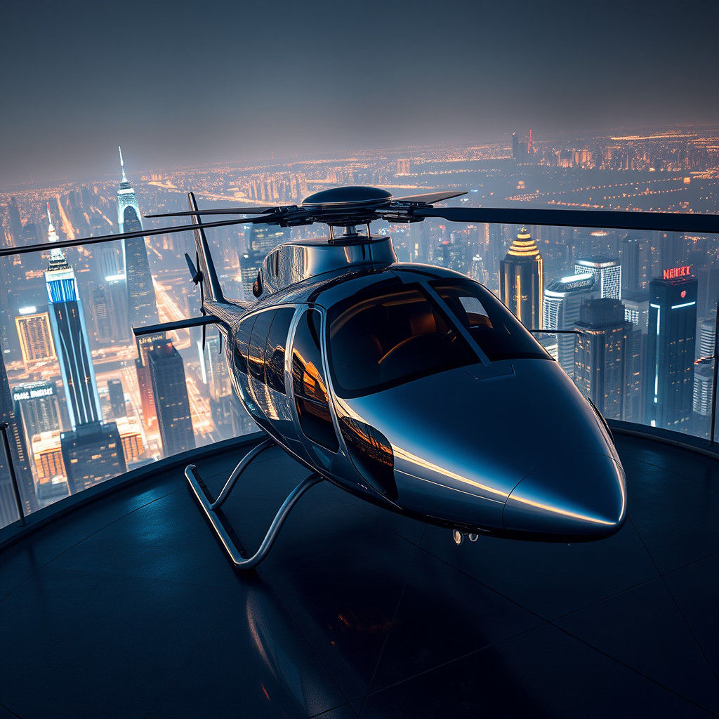 Futuristic Helicopter on Rooftop Helipad at Night