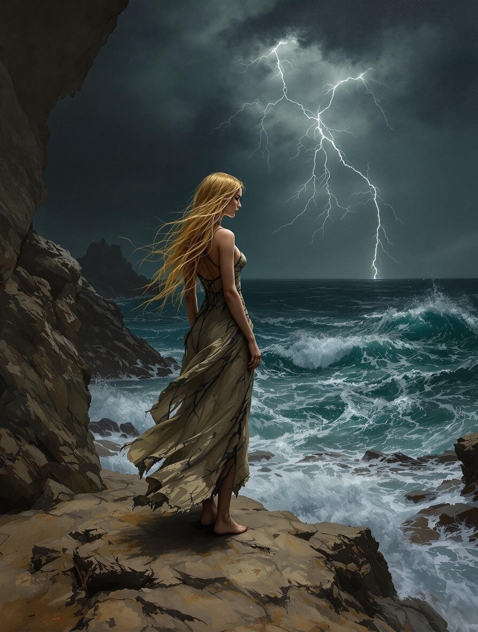 Woman on Cliff During Storm, Romantic Landscape