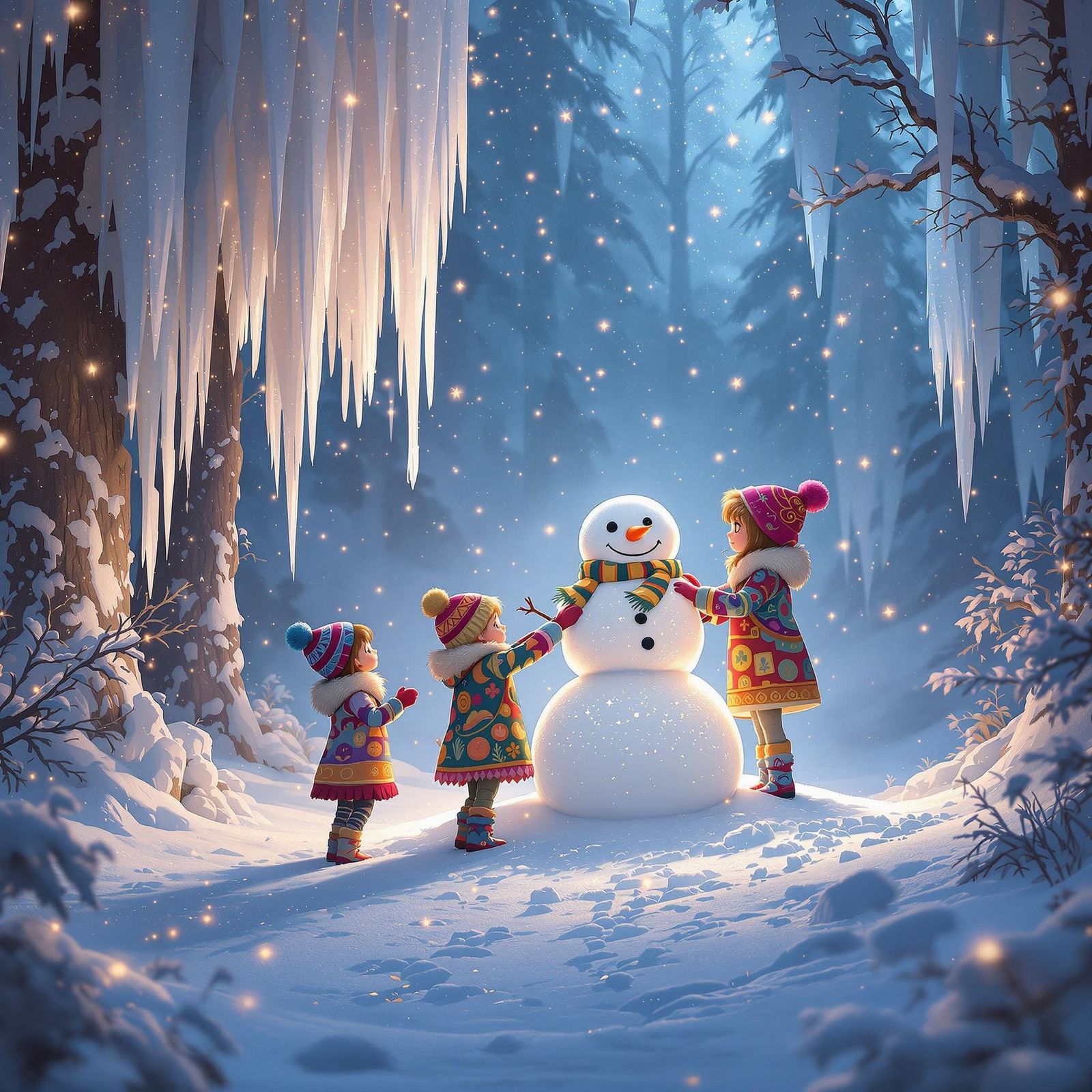Whimsical Children Build Majestic Snowman in a Frozen Fantas...