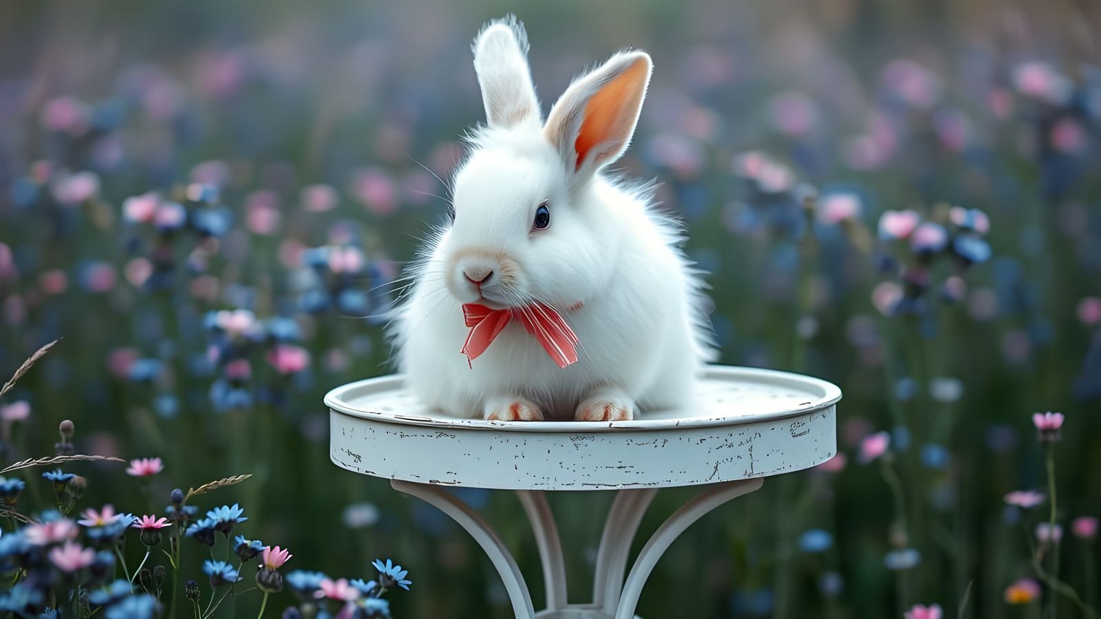 A Delicate Angora Rabbit in Whimsical Garden Setting, in Wat...