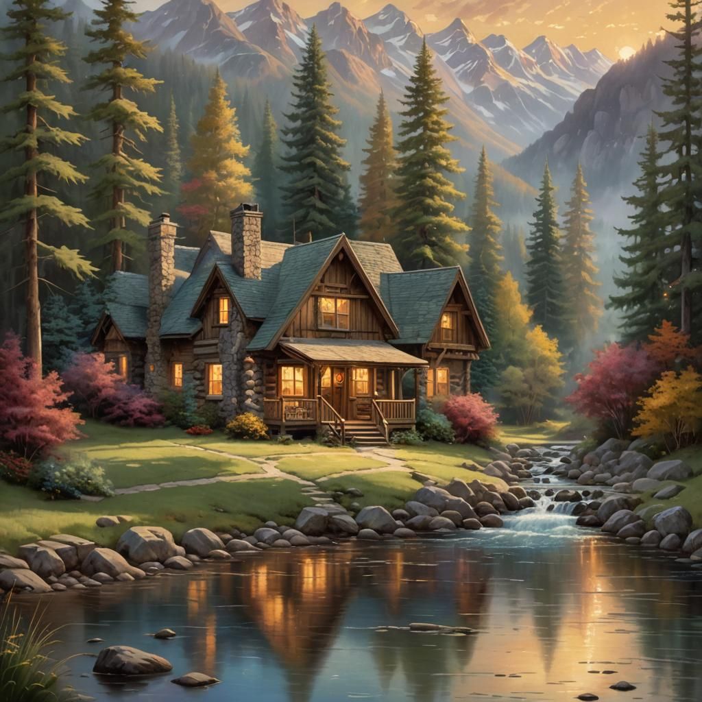 Cozy Cabin Retreat in Kinkade Style Landscape