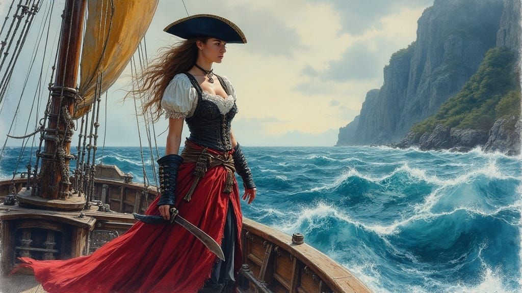 Pirate Queen in Dramatic Watercolor Style