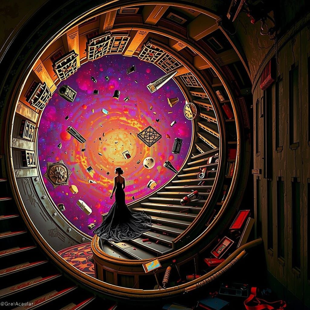 Art Deco Woman Ascending Abstract Staircase