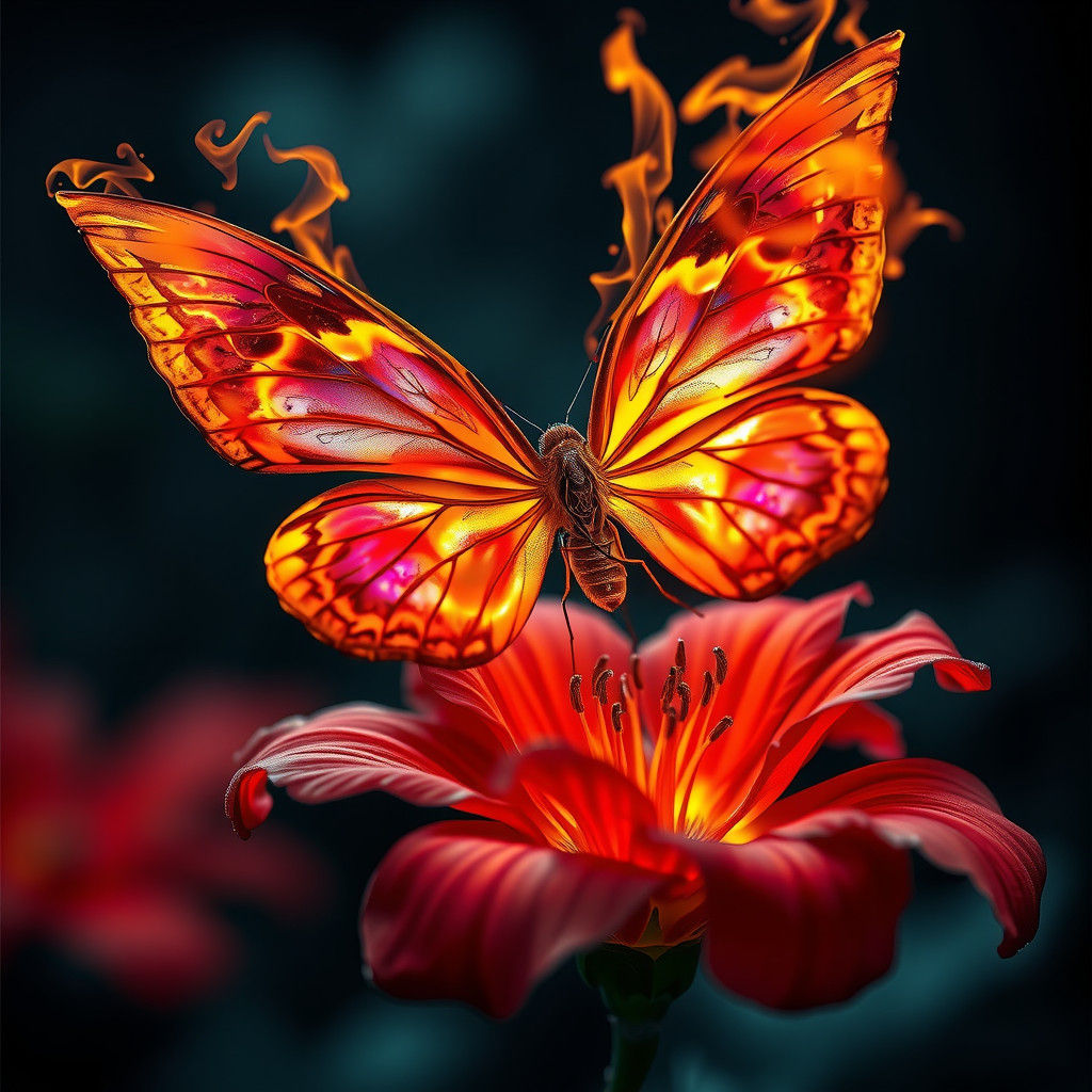 Iridescent Fire Butterfly on Exotic Flower