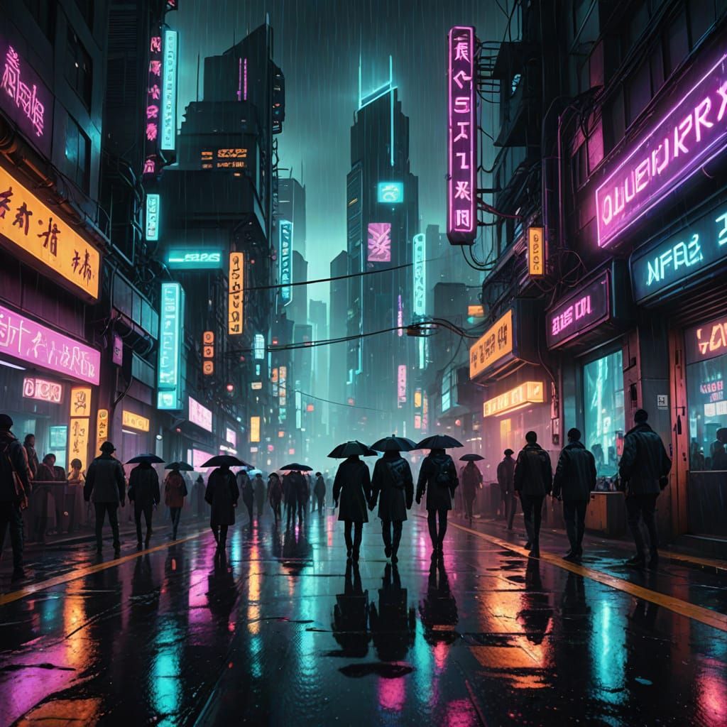"A sprawling cyberpunk city at night"