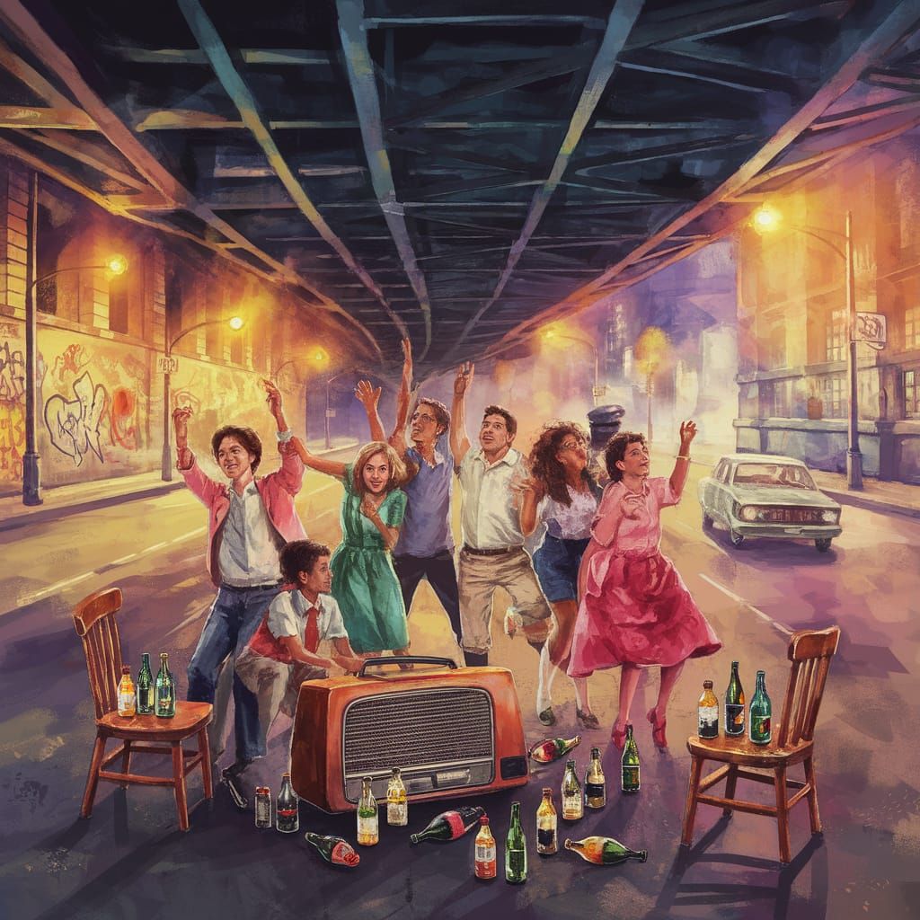 Surrealism, pop art, watercolor, group of happy people, danc...