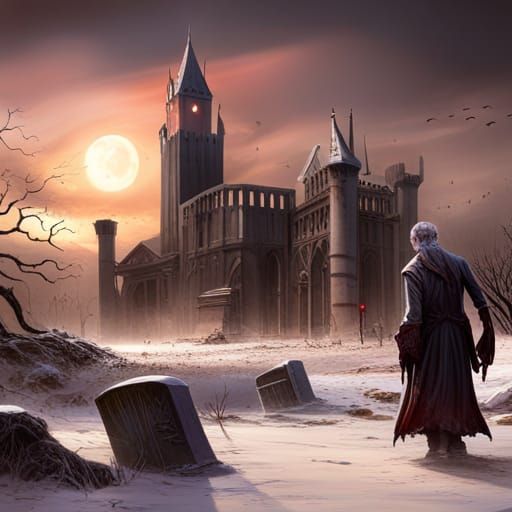 Zombie in Graveyard with Castle: Fantasy Concept Art