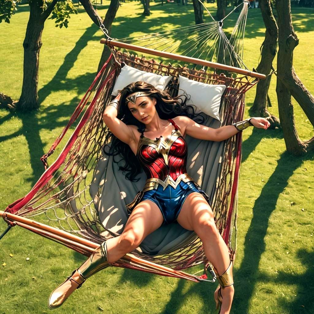 Wonder Woman Relaxing in Hammock on Summer Day
