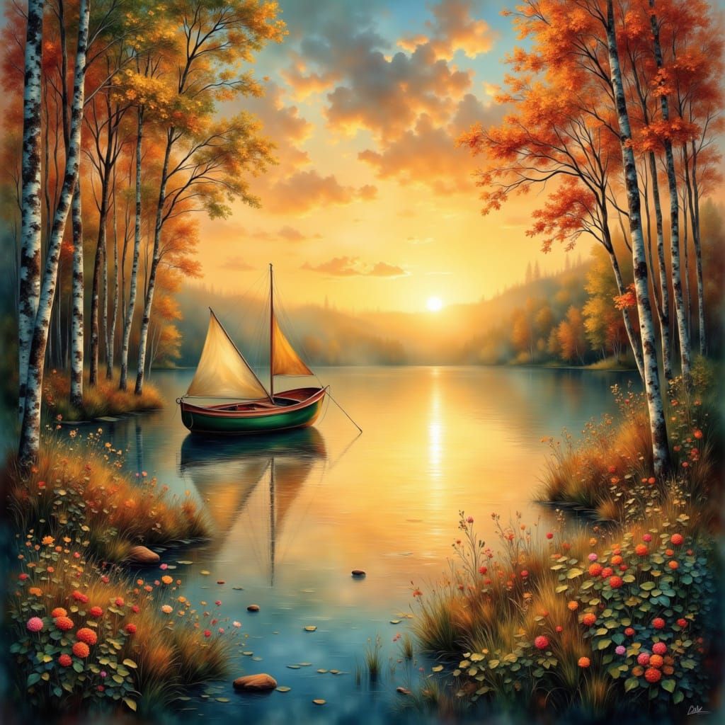Sailboat on Autumn Lake at Sunset with Dreamscape Trees