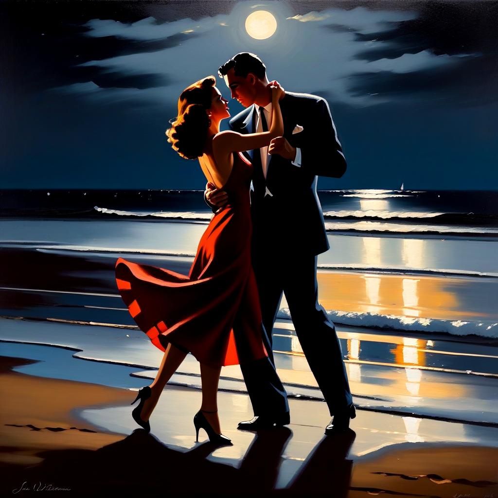 Romantic Couple Dancing on Beach in Vettriano Style