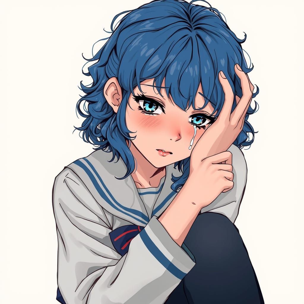 Teenage Girl in Anime Style, Crying in Faded School Uniform