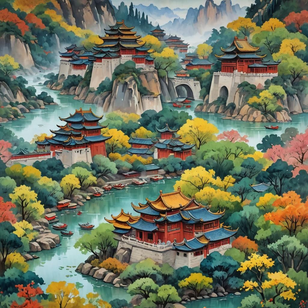 Chinese Landscape in Gouache Style