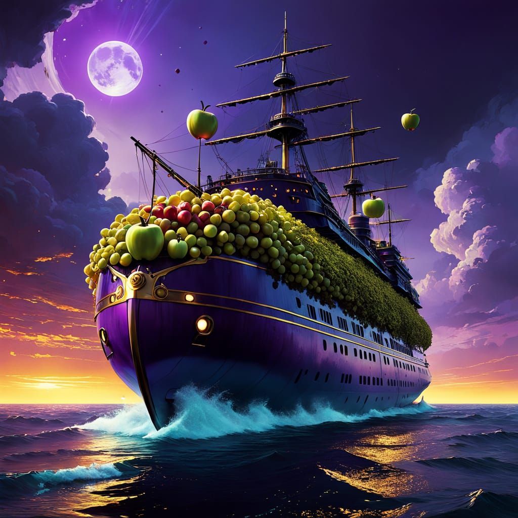 Surreal Sci-Fi Ship in a Grape Sea, Inspired by Klimt and An...
