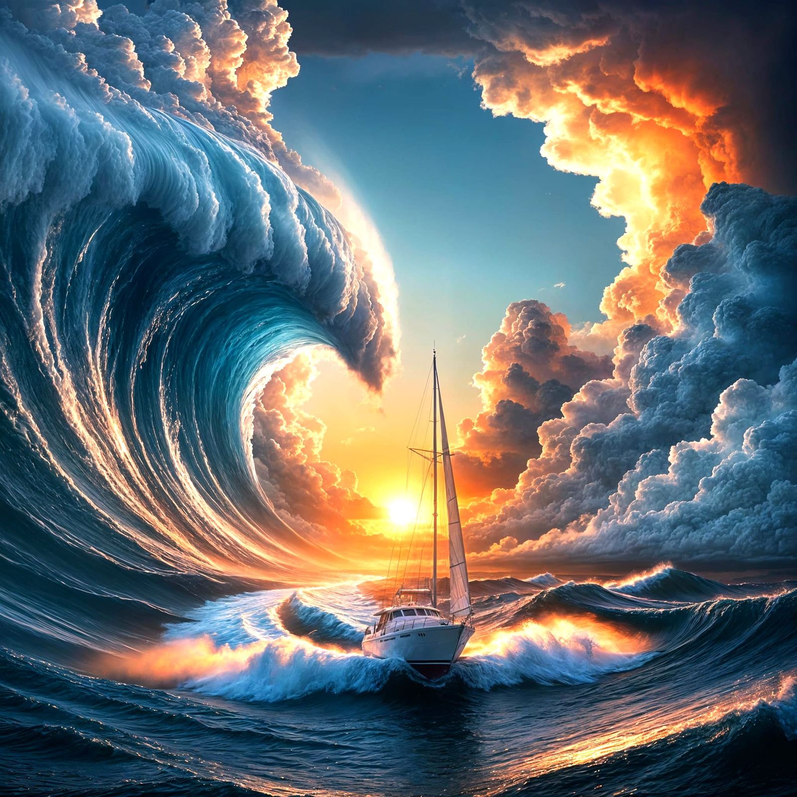 Yacht Navigating Towering Waves at Dramatic Sunset