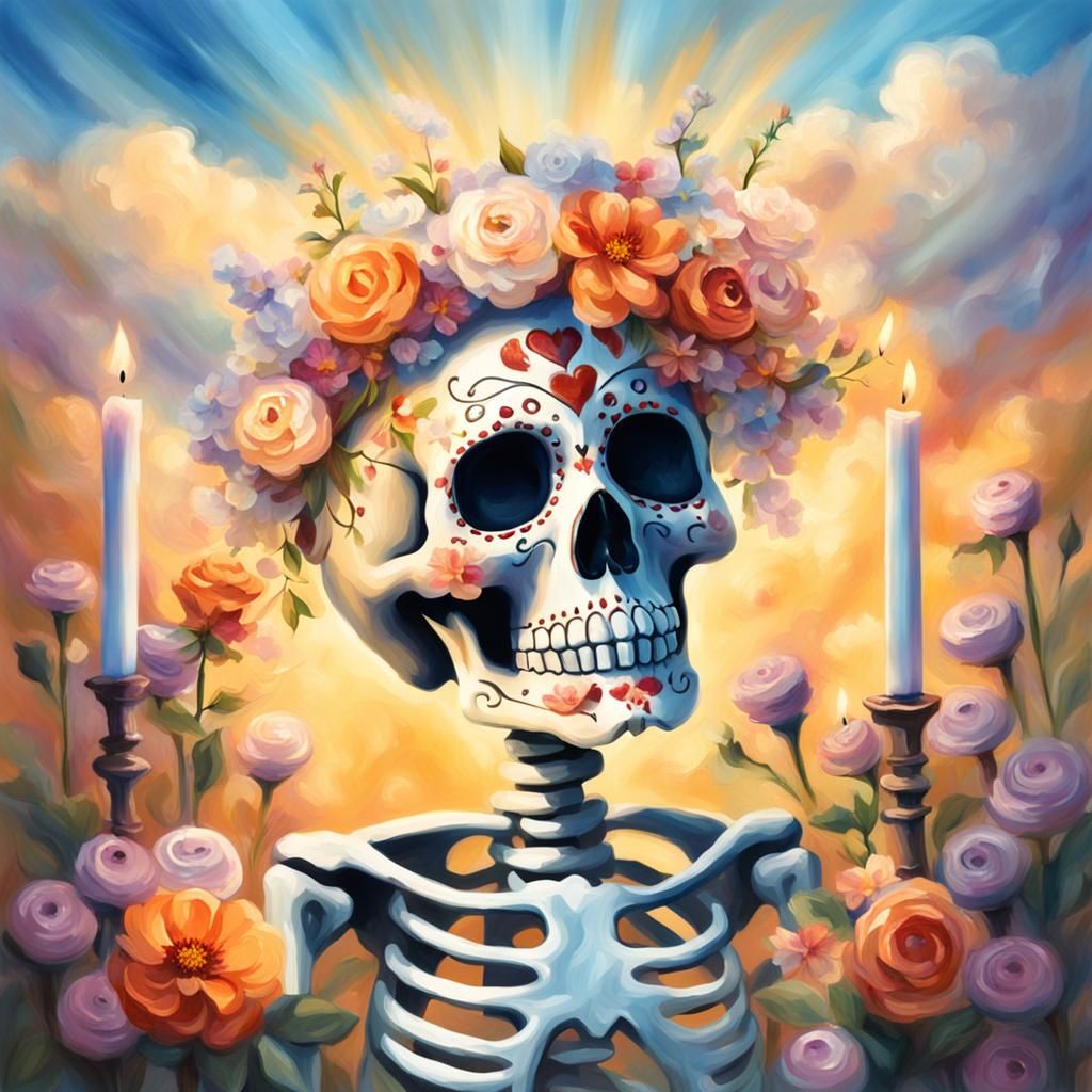 Sugar Skull Skeleton with Flowers in Impressionist Style