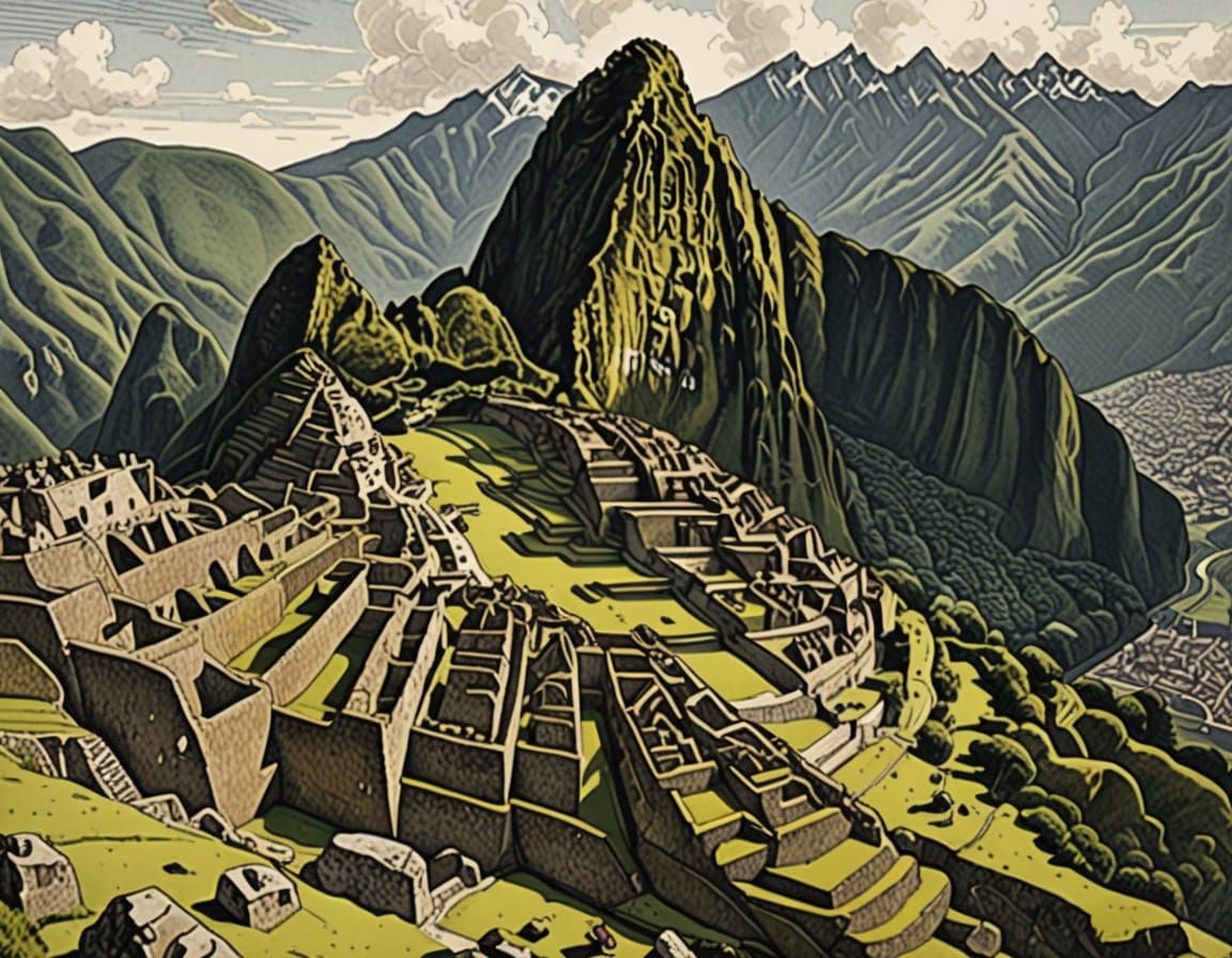 Machu Picchu in Ancient Times: Detailed Ink Drawing