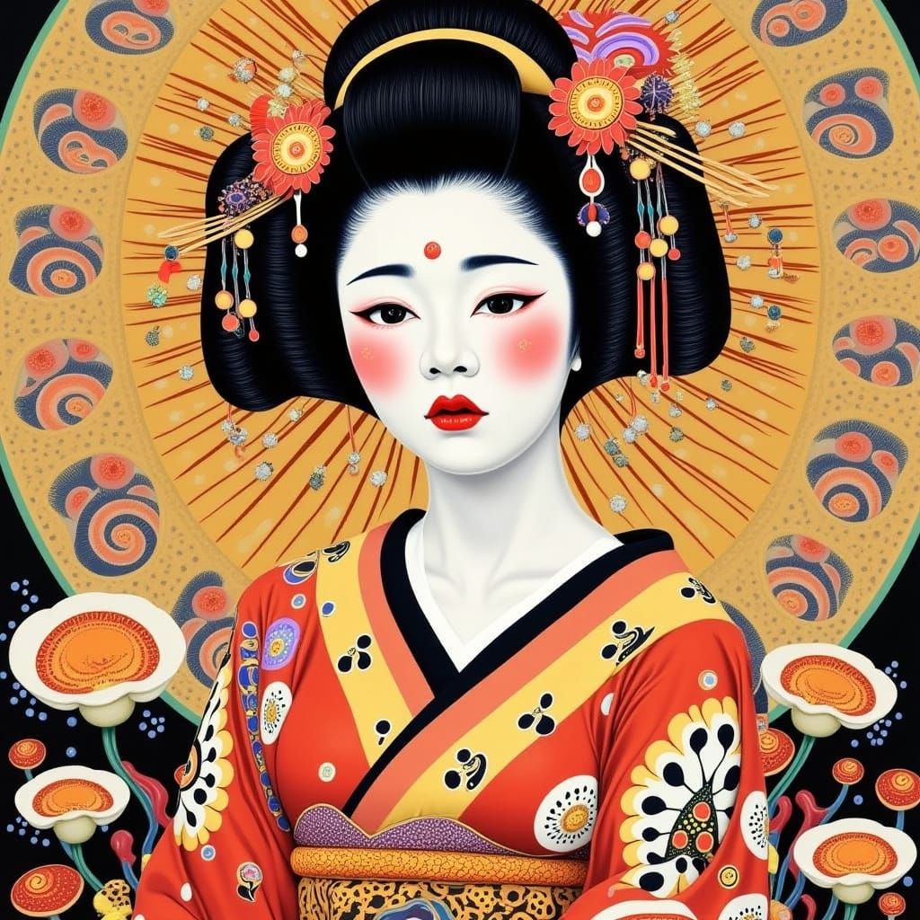 Ethereal Geisha Portrait in Scintillating Dots