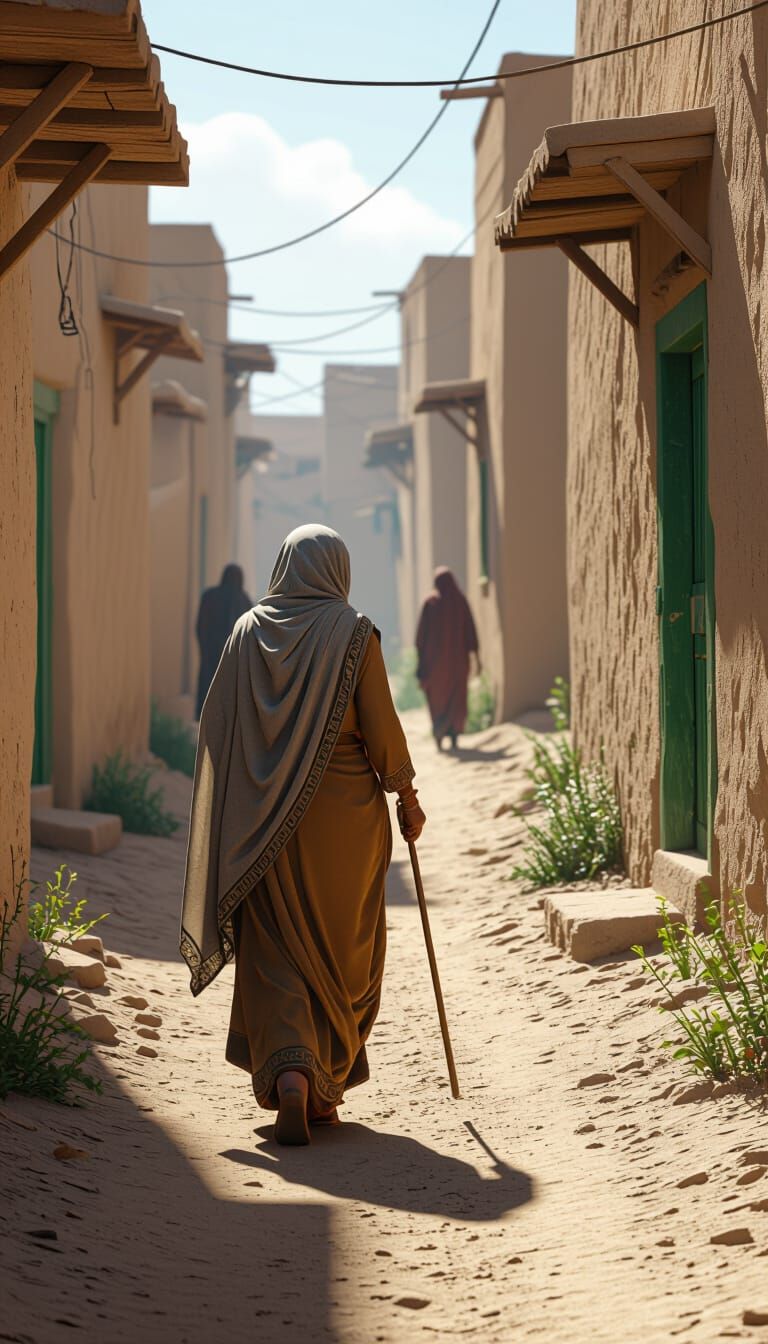 Elderly Muslim Woman Searches Village Lane for Missing Hen