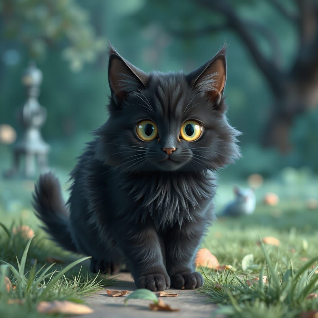 Majestic Blue Cat Explores Whimsical Anime Landscape