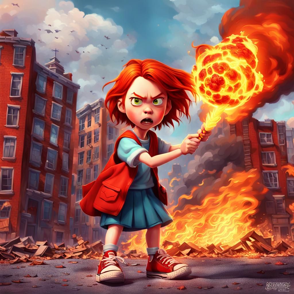Fiery Pixar Girl with Fireball in 3D Digital Art