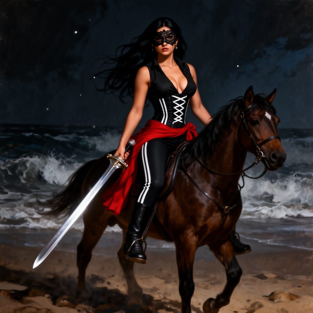 Latina Warrior on Horseback with Sword at Night