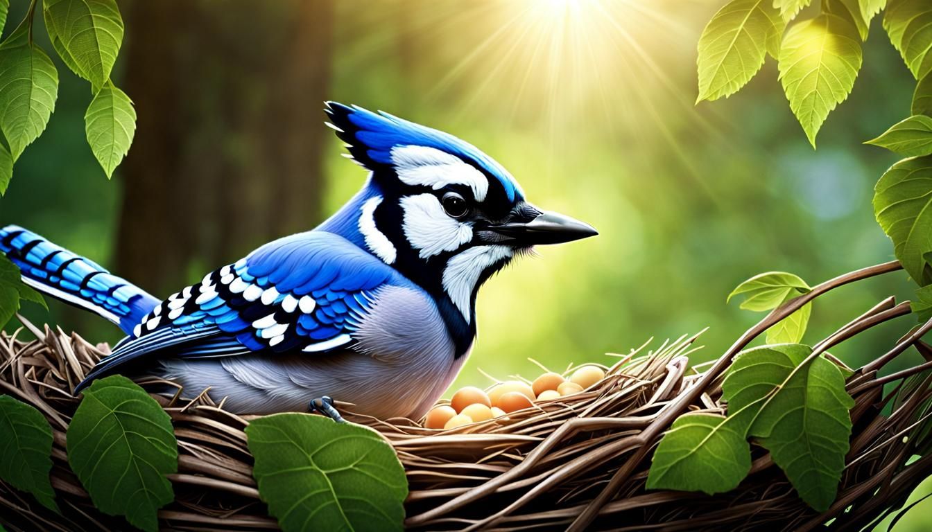 photorealistic: hyperrealistic portrait : beautiful adorable and cute blue jay on its nest of eggs: cinematic 4D filmic ...