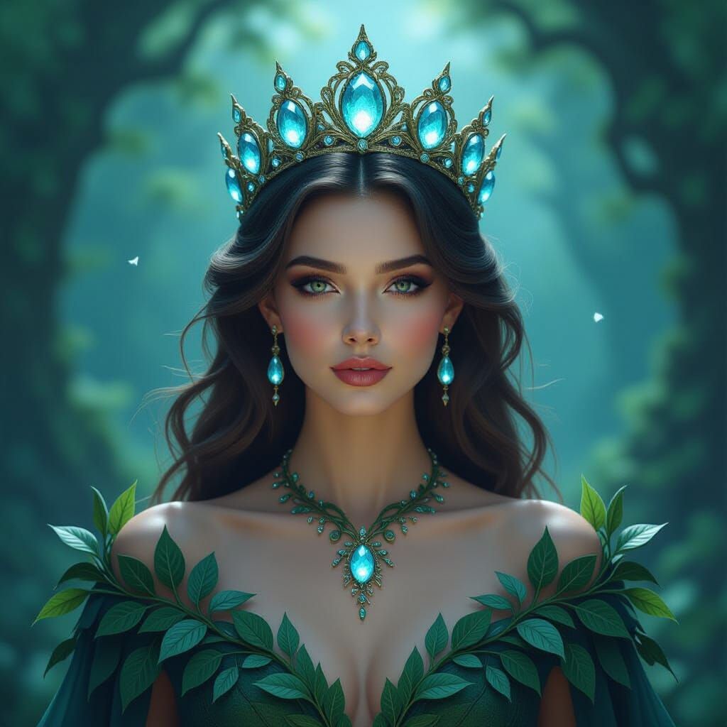 Regal Queen in Moonstone Crown in Mystical Forest